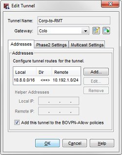 Captura de pantalla de la configuración del túnel Corp a RMT en el sitio Corp